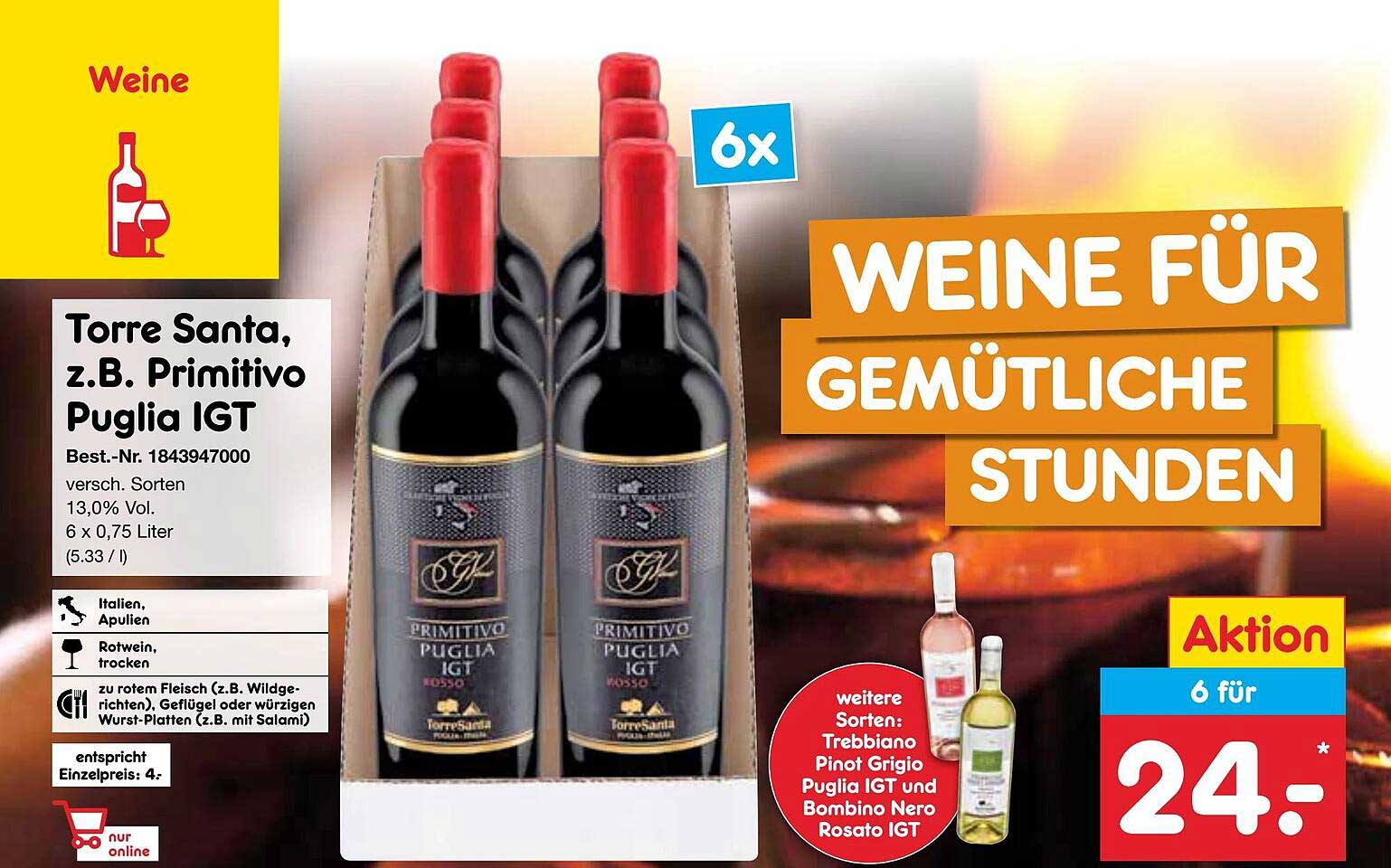 Torre Santa, z.B. Primitivo Puglia IGT - 6 Flaschen für nur 24,– €