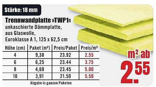 Trennwandplatte "TWP 1" unkaschierte Dämmplatte, aus Glaswolle