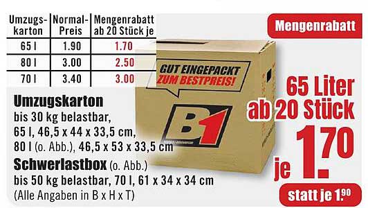 Umzugskarton 65 Liter ab 20 Stück je 1,70 statt je 1,90
