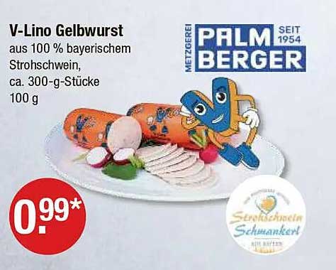 V-Lino Gelbwurst aus 100 % bayerischem Strohwildschwein, ca. 300-g-Stücke, 100 g