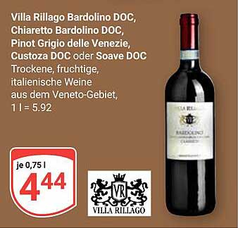 Villa Rillago Bardolino DOC, Chiaretto Bardolino DOC, Pinot Grigio delle Venezie, Custoza DOC oder Soave DOC