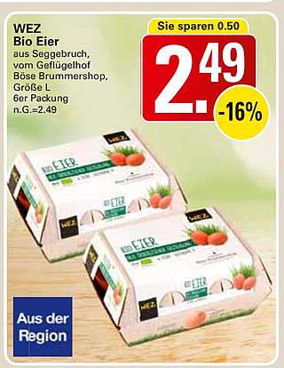 WEZ Bio Eier aus Seggebruch, vom Geflügelhof Böse Brummenshop, Größe L 6er Packung