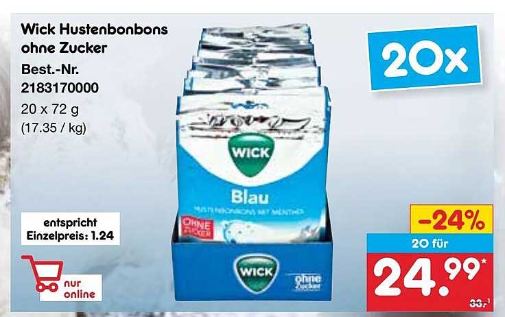 Wick Hustenbonbons ohne Zucker, 20 x 72 g
