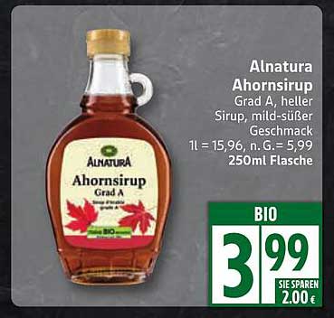 Alnatura Ahornsirup Grad A, Heller Sirup, Mild-Süßer Geschmack 250Ml ...
