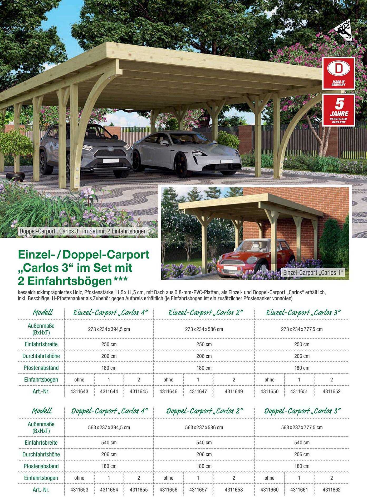 Einzel-/Doppel-Carport „Carlos 3“ im Set mit 2 Einfahrtsbögen ***