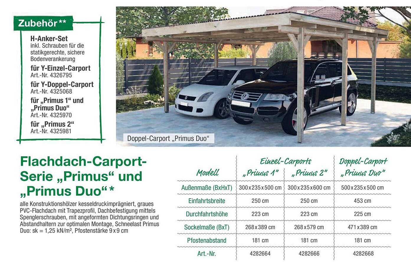 Flachdach-Carport-Serie „Primus“ und „Primus Duo“