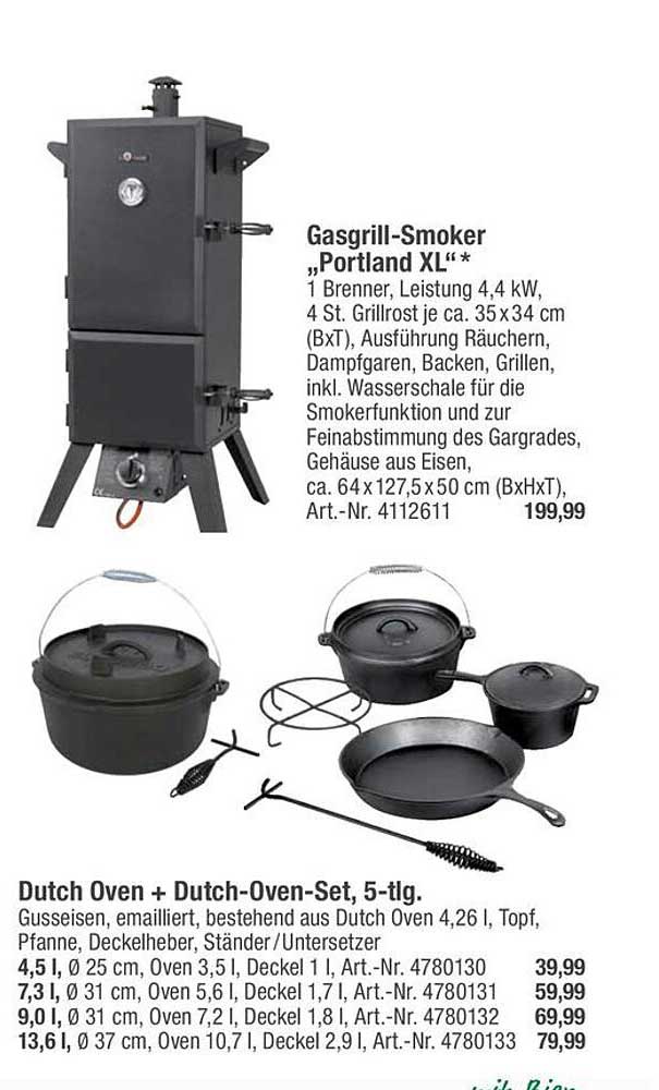 Gasgrill-Smoker „Portland XL“  
Dutch Oven + Dutch-Oven-Set, 5-tlg.