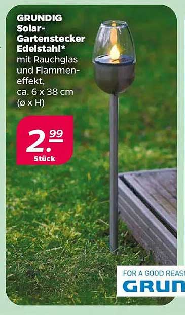 GRUNDIG Solar-Gartenstecker Edelstahl mit Rauchglas und Flammeneffekt