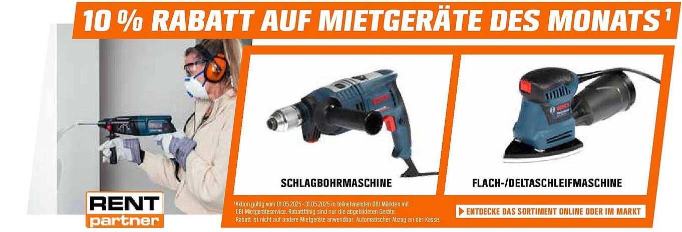 10 % Rabatt auf Mietgeräte des Monats bei OBI