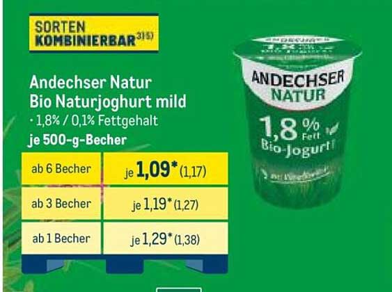 Andechser Natur Bio Naturjoghurt mild - 1,8% Fett / 0,1% Fettgehalt je 500-g-Becher