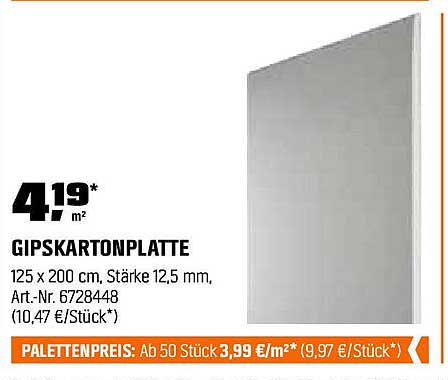 Gipskartonplatte 125 x 200 cm, Stärke 12,5 mm