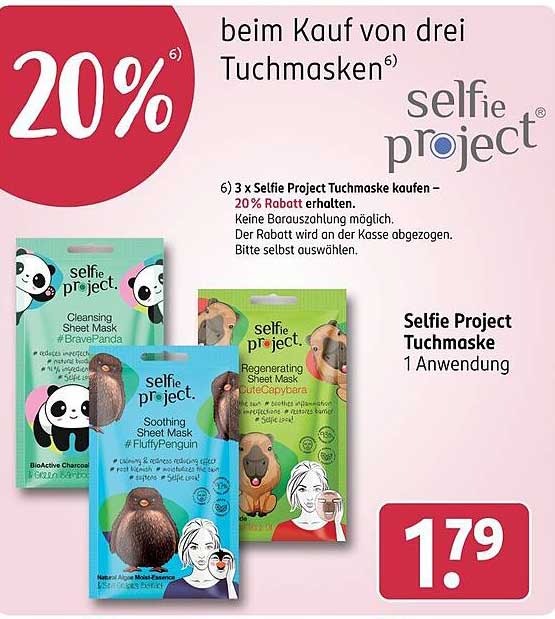 20% Rabatt auf Selfie Project Tuchmasken beim Kauf von drei Stück