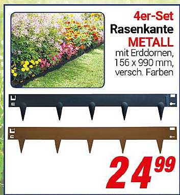 4er-Set Rasenkante METALL mit Erddornen, 156 x 990 mm, verschiedene Farben