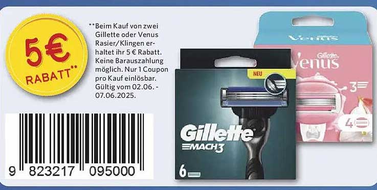 5 € Rabatt beim Kauf von zwei Gillette oder Venus Rasier/Klingen