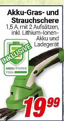 Akku-Gras- und Strauchschere 1,5 A, mit 2 Aufsätzen, inkl. Lithium-Ionen-Akku und Ladegerät