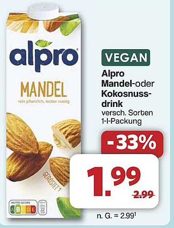 Alpro Mandel- oder Kokosnussdrink 1l-Packung