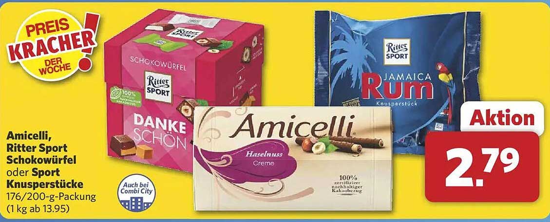 Amicelli, Ritter Sport Schokowürfel oder Sport Knusperstücke 176/200-g-Packung (1 kg ab 13.95)