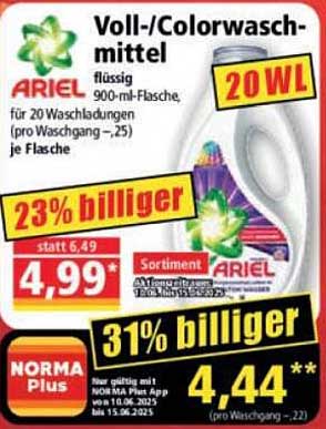 Ariel Voll-/Colorwaschmittel 900 ml für nur 4,99 €