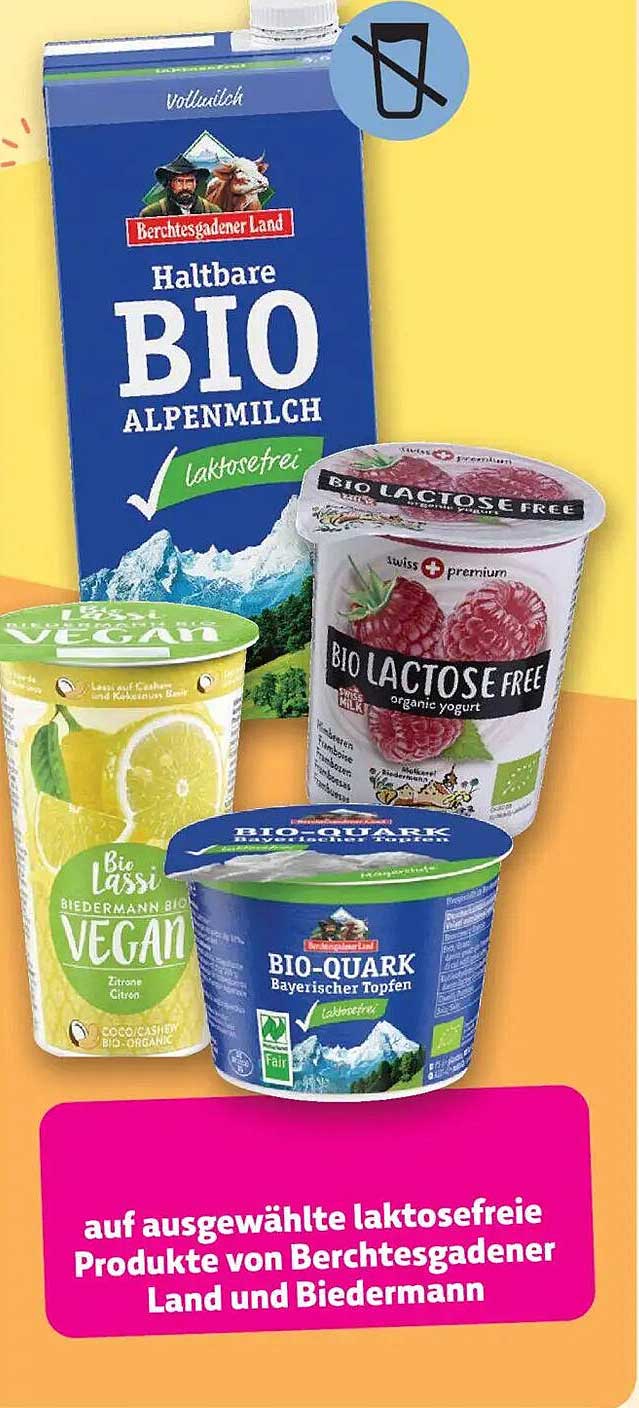 Auf ausgewählte laktosefreie Produkte von Berchtesgadener Land und Biedermann