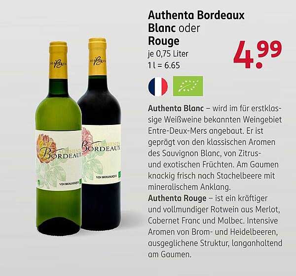 Authenta Bordeaux Blanc oder Rouge je 0,75 Liter