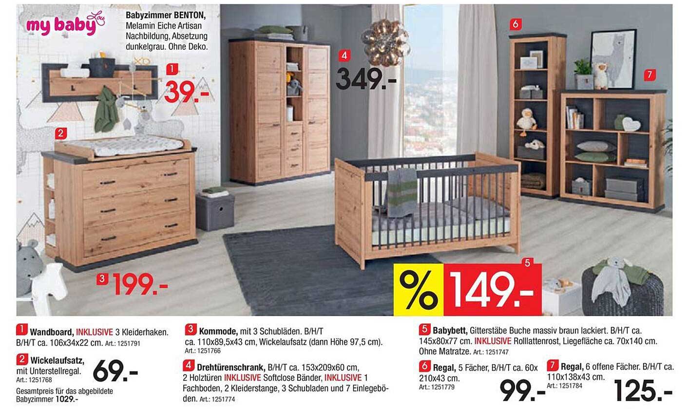Babyzimmer BENTON, Melamin Eiche Artisan Nachbildung, Absetzung dunkelgrau. Ohne Deko.