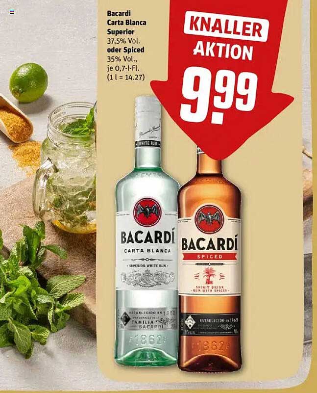 Bacardí Carta Blanca Superior oder Spiced, 0,7 l für 9,99 €