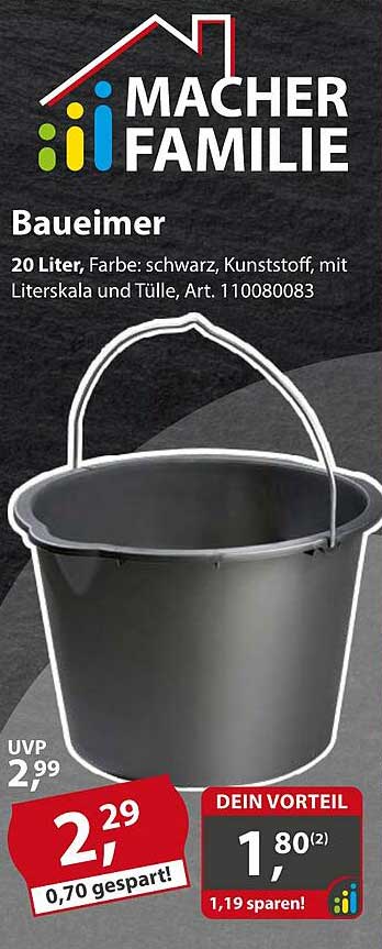 Baueimer 20 Liter, Farbe: schwarz, Kunststoff, mit Literskala und Tülle, Art. 110080083