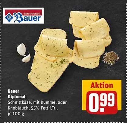 Bauer Diplomaten Schnittkäse mit Kümmel oder Knoblauch, 55% Fett i.Tr., je 100 g