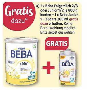 Beba Folgemilch 2/3 oder Junior 1/2 - Gratis Beba Junior 1-3 Jahre 200 ml dazu