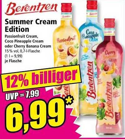 Berentzen Summer Cream Edition - Passionfruit, Coco Pineapple oder Cherry Banana Cream