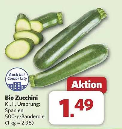 Bio Zucchini Kl. II, Ursprung: Spanien 500-g-Banderole (1 kg = 2,98)