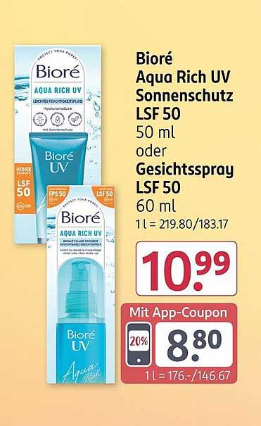 Bioré Aqua Rich UV Sonnenschutz LSF 50 50 ml oder Gesichtsspray LSF 50 60 ml