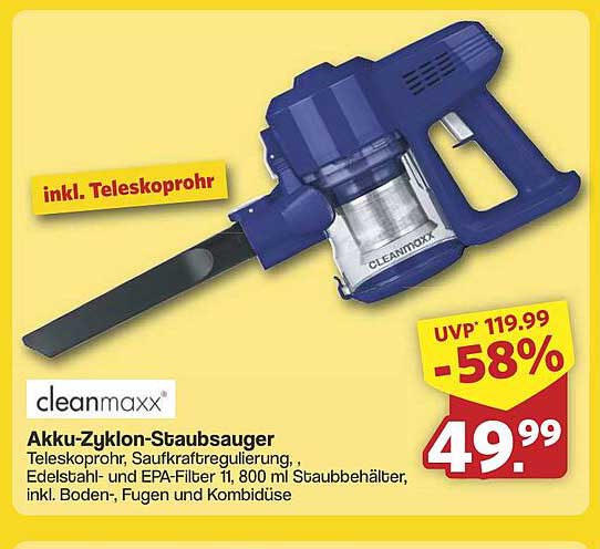 cleanmaxx Akku-Zyklon-Staubsauger inkl. Teleskoprohr