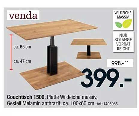 Couchtisch 1500 aus massiver Wildeiche mit anthrazitfarbener Melaminbasis