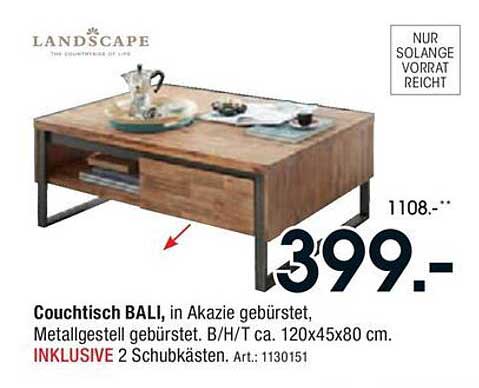 Couchtisch BALI in Akazie gebürstet mit Metallgestell