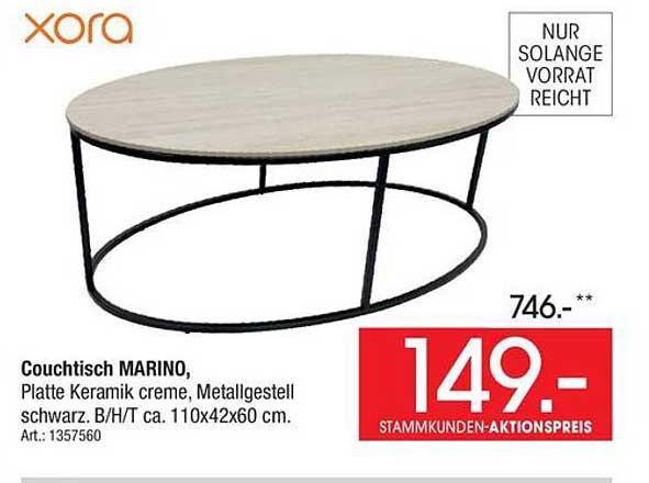 Couchtisch MARINO, Platte Keramik creme, Metallgestell schwarz