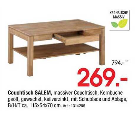 Couchtisch SALEM, massiver Couchtisch aus Kernbuche