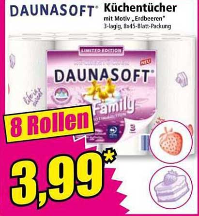 DAUNASOFT Küchentücher mit Motiv "Erdbeeren" - 8 Rollen