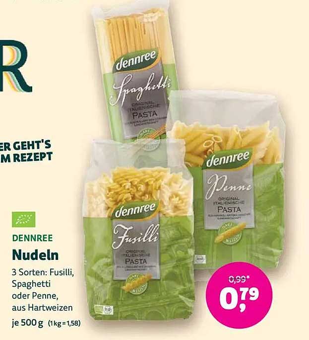 Dennree Nudeln – 3 Sorten: Fusilli, Spaghetti oder Penne aus Hartweizen je 500 g