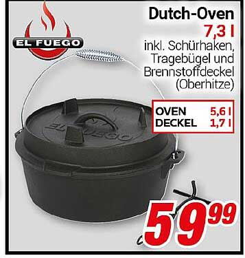 Dutch-Oven 7,3 l inkl. Schürhaken, Tragebügel und Brennstoffdeckel (Oberhitze)