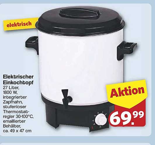 Elektrischer Einkochtopf 27 Liter, 1800 W – Aktion!