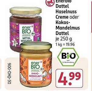 enerBIO Dattel Haselnuss Creme oder Kokos-Mandelmus Dattel je 250 g