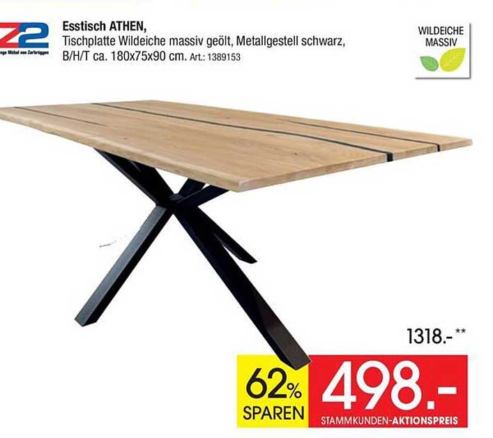Esstisch Athen, Tischplatte Wildeiche massiv geölt, Metallgestell schwarz, B/H/T ca. 180x75x90 cm.