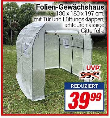 Folien-Gewächshaus 180 x 180 x 197 cm, mit Tür und Lüftungsklappen, lichtdurchlässige Gitterfolie