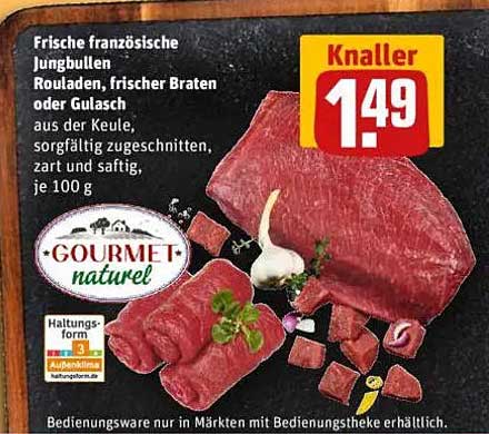 Frische französische Jungbullen Rouladen, frischer Braten oder Gulasch aus der Keule, sorgfältig zugeschnitten, zart und saftig