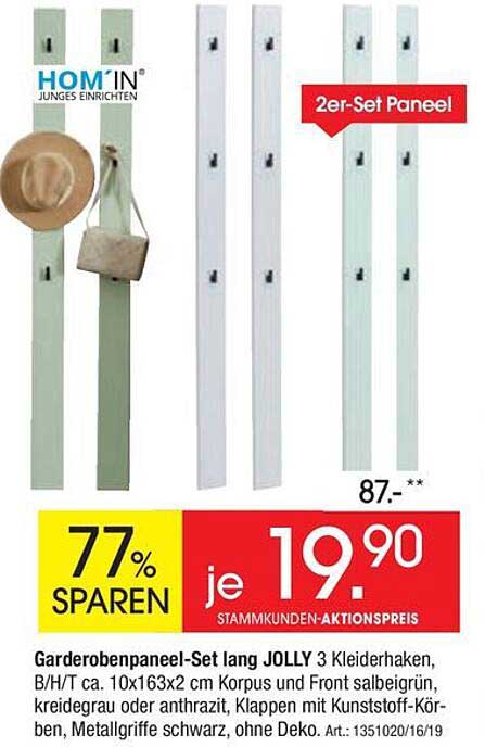 Garderobenpaneel-Set lang JOLLY 3 Kleiderhaken für je 19,90 statt 87,-