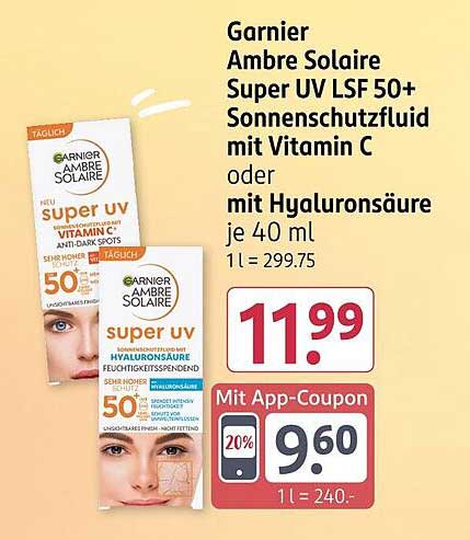 Garnier Ambre Solaire Super UV LSF 50+ Sonnenschutzfluid mit Vitamin C oder mit Hyaluronsäure je 40 ml