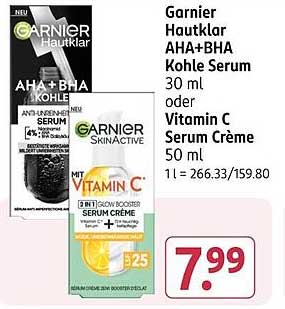 Garnier Hautklar AHA+BHA Kohle Serum 30 ml oder Vitamin C Serum Crème 50 ml
