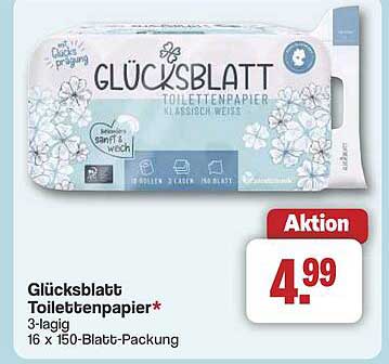Glücksblatt Toilettenpapier - 3-lagig, 16 x 150-Blatt-Packung