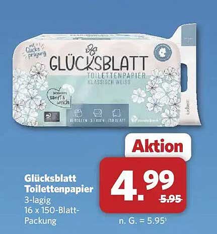 GLÜCKSBLATT Toilettenpapier 3-lagig, 16 x 150-Blatt-Packung